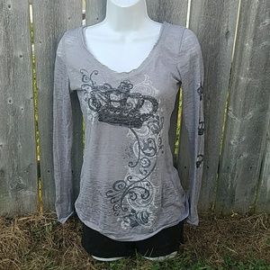 Crown Burnout Tee with Long Sleeves in Gray, Black & White